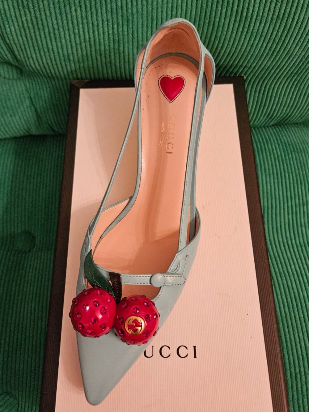 Authentic Gucci Cherry Bamboo Heel Pumps Light Blue Size 36.5 EU With Box - Picture 7 of 9
